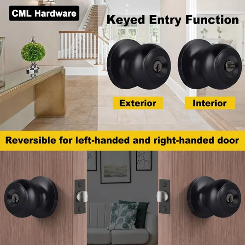 Vista 3 de CML Hardware Pomo de puerta de entrada con llave negra mate para uso exterior e interior, mango redondo de bola de acero inoxidable
