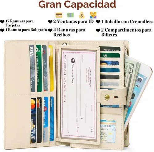 Vista 2 de SENDEFN Carteras de mujer de gran capacidad con bloqueo RFID, carteras de cuero, organizador de tarjetas de crédito con porta cheques, Compacto