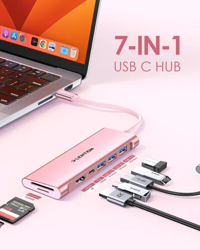 Vista 2 de LENTION Hub multipuerto USB C 7 en 1 con HDMI 4K, 100 W PD, 3 puertos USB 3.0, lector de tarjetas SD/MicroSD compatible con MacBook Pro/Air/Neo Oro