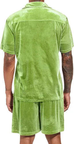 Vista 3 de LecGee Conjunto de pantalones cortos casuales de verano para hombre, camisa de terciopelo de manga corta con botones, pantalones cortos de cintura