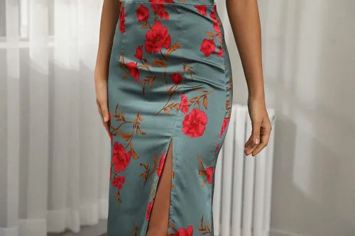 Vista 6 de Tsher - Vestido de satén con cuello vuelto y tirantes delgados para mujer, vestido de fiesta de invitados de boda, espalda descubierta, vestido