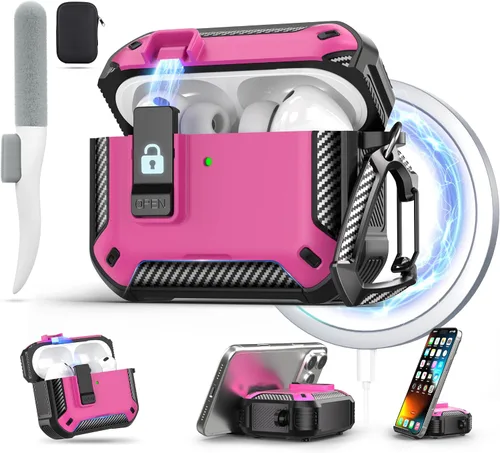 Vista 26 de Maxjoy Funda para AirPods Pro 3 2025, MagSafe compatible con bloqueo automático, funda protectora a prueba de golpes con soporte para teléfono