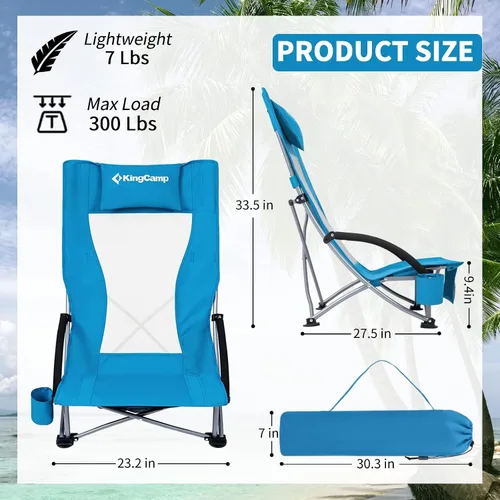 Vista 2 de KingCamp Paquete de 2 sillas de playa ligeras y plegables con respaldo alto con soporte para tazas, bolsa de almohada para acampar al aire libre
