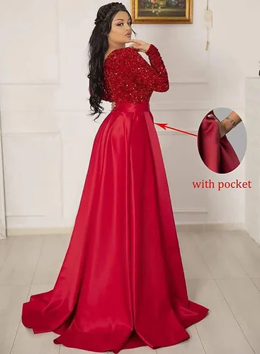 Vista 3 de YMSHA Vestido de fiesta de graduación con lentejuelas brillantes para mujer, con bolsillos, manga larga, satén, vestido de noche formal con abertura