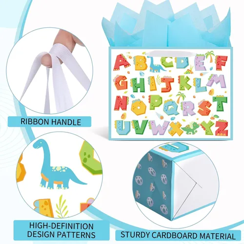 Vista 3 de woric Bolsa de regalo grande de 14.5 pulgadas, bolsas de regalo de cumpleaños azules con papel de seda y tarjeta de felicitación para niños y niñas