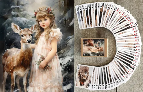 Vista 5 de Naipe de cuento de hadas de Navidad (baraja de póquer 54 cartas todas diferentes) Arte ingenuo Adorable Navidad Niñas Hadas Perros y Gatos Paisajes