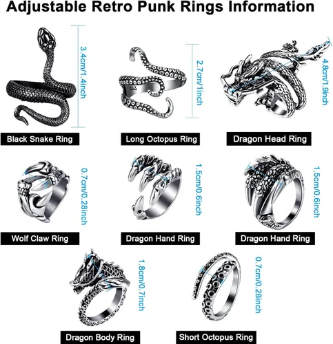 Vista 2 de Hicarer 8 piezas vintage punk anillos dragón serpiente pulpo Halloween anillo ajustable, Acero inoxidable