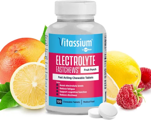 Vista 9 de Vitassium FastChews con electrolitos para reabastecimiento de sodio y potasio, botella de 60 comprimidos FastChews, Fruit Punch