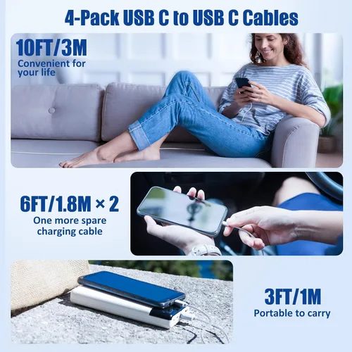 Vista 6 de Cable de carga USB C a C, paquete de 4 [3+6+6+10 pies] cable de carga rápida trenzado de nailon, cable de alimentación de 60 W tipo C para iPhone 17
