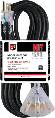 Vista 14 de EP Cable de extensión de 3 pies, 12/3 SJTW 3 tomas de corriente eléctrica Negro