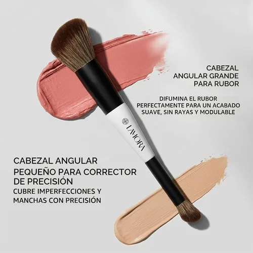 Vista 7 de Lamora - Brocha de maquillaje de doble extremo, rubor + corrector, cepillo facial en ángulo doble Negro (Duo Blush)