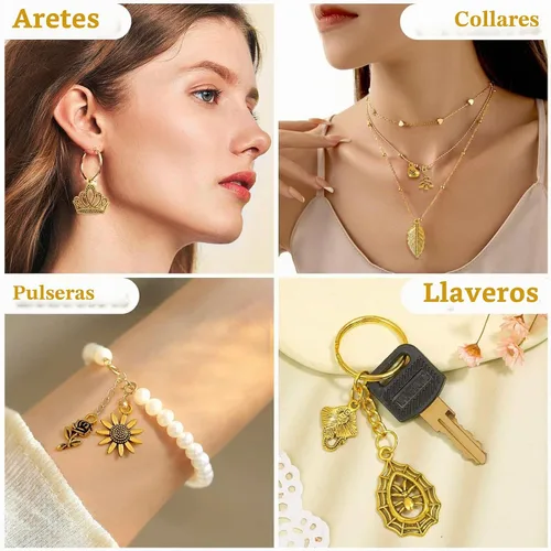Vista 2 de 400 piezas al por mayor de lotes a granel para hacer joyas, pequeños dijes de metal tibetano antioro surtidos surtidos para collares, pulseras Oro