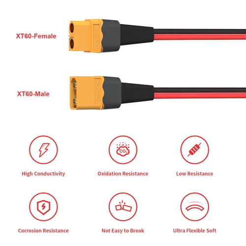 Vista 3 de ELFCULB Cable de extensión XT60 de 10 AWG de 0.5 pies, conector hembra a macho XT60 para batería RC, estación de energía portátil, panel solar