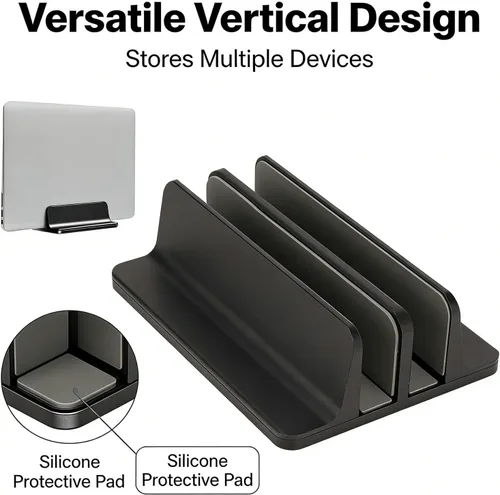 Vista 2 de Vertical Laptop Stand, Aluminum Alloy, Double Dock, Black, Cooling Stand,Laptop Stand Holder - Multifunctional Design, Silicone Anti - Scratch