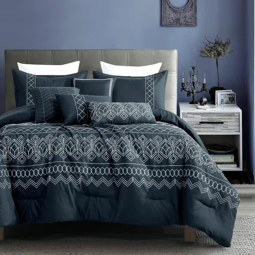 Vista 19 de ESCA Juego de edredón Hypatia beige de 7 piezas, tamaño Queen, bordado, estilo bohemio, ropa de cama floral