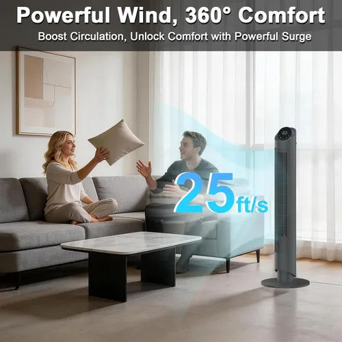 Vista 4 de hykolity Ventilador de torre para dormitorio, ventilador oscilante de 90°, ventilador de piso ultra silencioso de 28 dB con control remoto