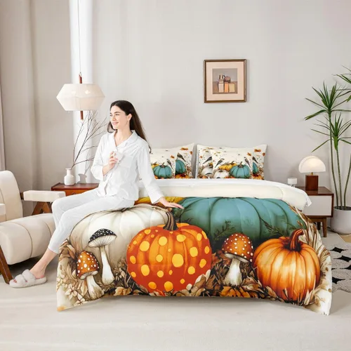 Vista 6 de Feelyou Fall Pumpkin Comforter Set with Sheets 7 Piece Twin Size Autumn Bed in a Bag Kids Boys Girls Pumpkin Maple Leaf Bedding Set Hummingbird Beig