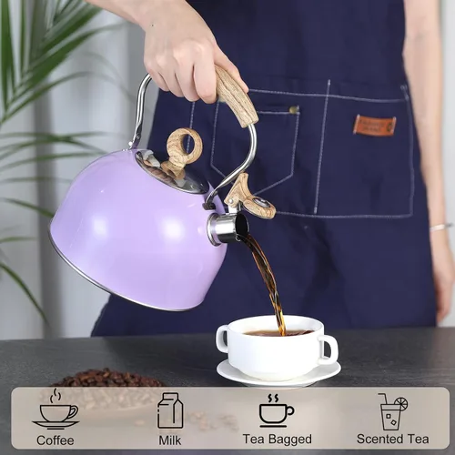 Vista 7 de Hervidor de té silbante de 85 onzas / 2.5 litros, ollas para estufa, acero inoxidable de grado alimenticio con mango plegable con patrón de madera