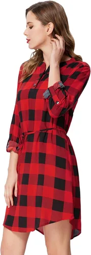 Vista 3 de Kate Kasin - Vestido informal con estilo de túnica a cuadros de mangas largas enrollables para mujer KKAF1057