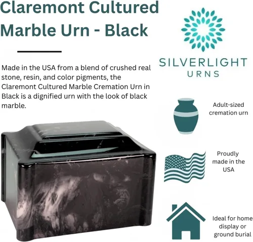 Vista 7 de Urna de cremación de mármol cultivado de claremont negro grabada personalizada, tamaño adulto, urnas de cremación para cenizas humanas, entierro