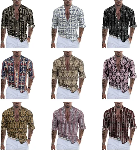 Vista 3 de domirica Camisa de manga larga con botones para hombre, étnica 2025, para verano, hawaiana, playa, casual, vintage, novedosa, ligera