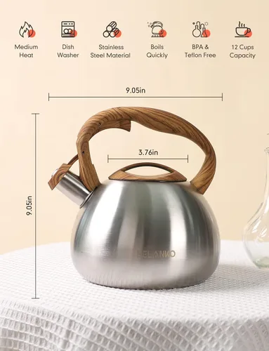 Vista 5 de BELANKO Hervidor de té de 2.7 cuartos de galón para estufas, tetera de acero inoxidable de grado alimenticio con silbato fuerte, mango de madera