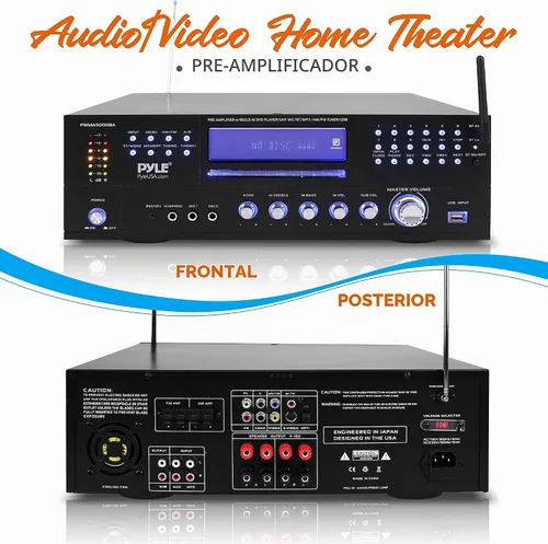 Vista 2 de Pyle Sistema amplificador de micrófono inalámbrico de 4 canales, receptor estéreo de audio para el hogar con reproductor de CD/DVD, micrófonos UHF
