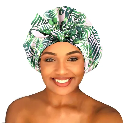 Vista 10 de Gorro de ducha para mujer, reutilizable, impermeable, para cabello largo, para ducha, bonito gorro de ducha extra grande para trenzas (hojas)