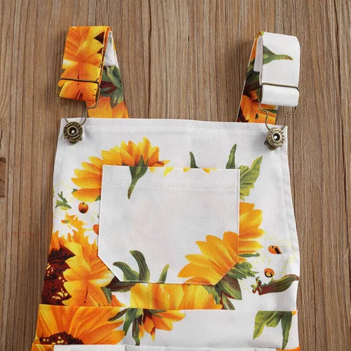 Vista 3 de Overol con estampado de girasol para niña pequeña, pantalones cortos con tirantes y bolsillo, ropa de verano