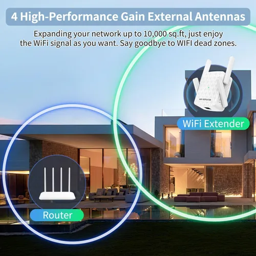 Vista 2 de Amplificador de señal WiFi, repetidor inalámbrico de Internet para cobertura del hogar de hasta 10000 pies cuadrados y 35 dispositivos, amplificador