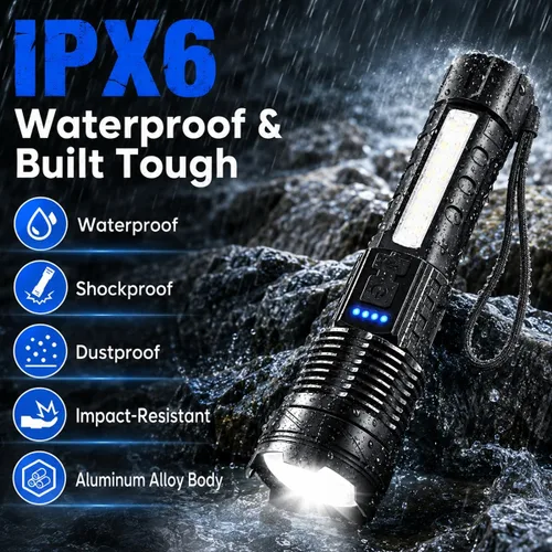 Vista 6 de Linternas LED recargables, 90,000 lúmenes, súper brillantes, linterna de mano con luz de trabajo COB, 7 modos, linterna táctica ajustable IPX6
