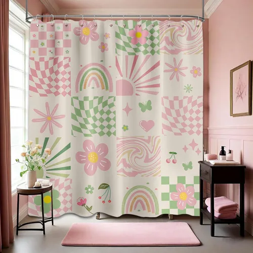 Vista 11 de Bonita cortina de ducha rosa Y2k Groovy Preppy Girls a cuadros, tela impermeable con ganchos, 60 pulgadas de ancho x 72 pulgadas