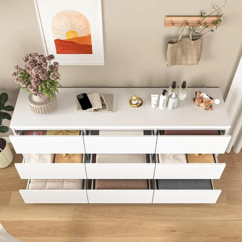 Vista 7 de Armario de almacenamiento de 9 cajones, cómoda blanca moderna de 63 pulgadas, organizador de consola de TV con diseño de cajón deslizante