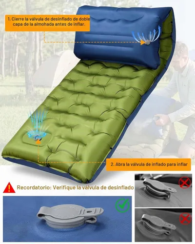 Vista 2 de Colchoneta de dormir para campamento, de 5.9 pulgadas de grosor, con almohada integrada y bomba de pie, almohadilla de dormir autoinflable Azul