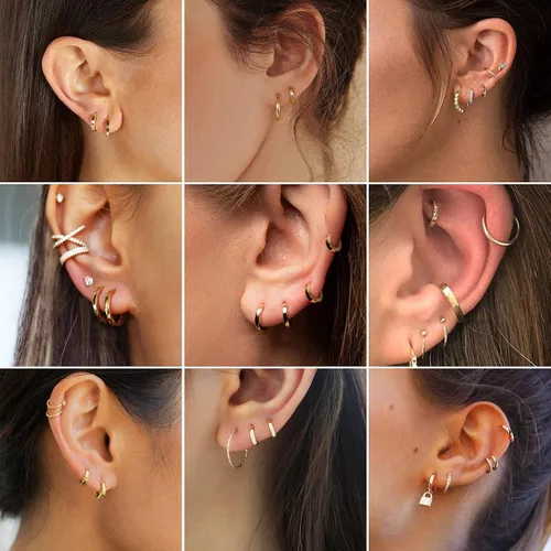 Vista 3 de ChainsHouse Juego de aretes de aro de acero inoxidable quirúrgico hipoalergénico, chapado en oro de 18 quilates, 0.276in, 0.315in, 0.354in, 0.472in