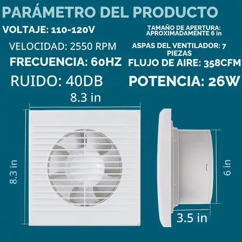 Vista 2 de Ventilador de escape de 6 pulgadas, ventilador de ventilación pequeño de montaje en pared de 26 W con interruptor, ventilador extractor