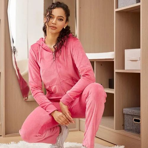 Vista 2 de LI HANTON Conjunto deportivo de terciopelo para mujer, 2 piezas, sudadera con capucha y cremallera completa