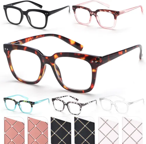 Vista 8 de Paquete de 6 lentes de lectura de moda para mujeres y hombres, bloqueo de luz azul, lectores cuadrados de gran tamaño con bisagra de resorte