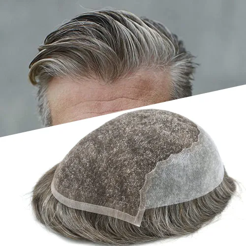 Vista 29 de Toupee para hombres, sistema de reemplazo de cabello humano Remy, nudos blanqueados, encaje frontal, piel fina, para hombre, color gris, pelucas