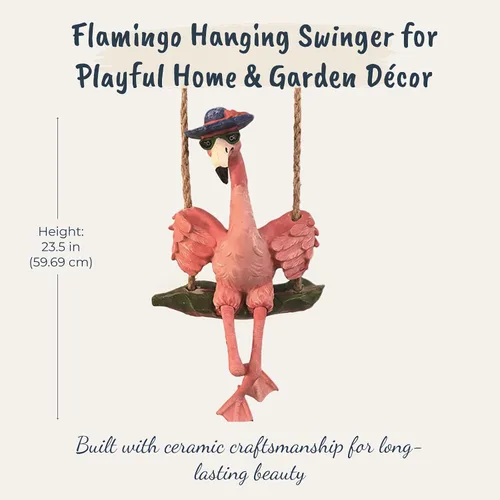 Vista 3 de Blue Sky Ceramics Flamingo - Swinger colgante de flamenco, 6 pulgadas de largo x 5 pulgadas de ancho x 24 pulgadas de alto, estilo de flamenco