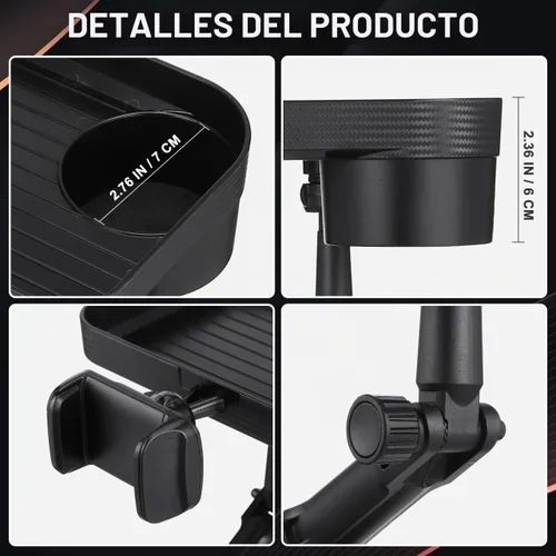 Vista 4 de CALLARON Bandeja portavasos, bandejas para automóvil para comer, bandeja giratoria ajustable 3 en 1 para alimentos, soporte universal para vasos