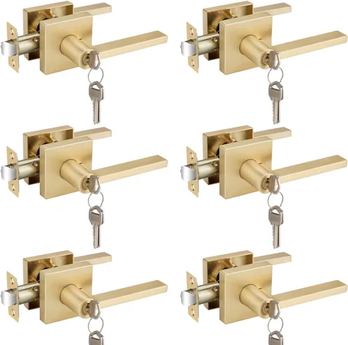 Vista 14 de EHOMEWARE Juego de manijas dobles para puerta delantera, paquete de 1 manija de puerta cuadrada de latón satinado, combinación de perilla de puerta