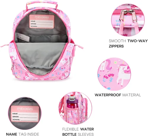 Vista 4 de Mibasies - Mochila para niños y niñas, mochila ideal para niños en preescolar, kínder y primaria, unicornio de flores