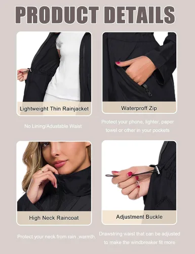 Vista 4 de Avoogue Impermeable largo para mujer con capucha para exteriores, ligera, rompevientos impermeable