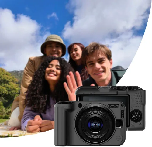 Vista 2 de Funda de silicona para cámara digital Canon EOS R50 V con 2 protectores de pantalla y cordón Canon EOS R50 V caso - Negro