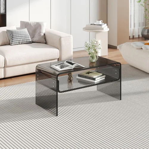 Vista 5 de Mesa auxiliar acrílica, mesa auxiliar moderna rectangular negra, mesa de té con almacenamiento abierto, adecuada para sala de estar, recepción