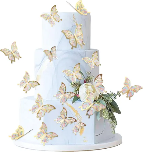 Vista 25 de 38 bolas de oro rosa para decoración de tartas, flores artificiales rosadas, decoraciones de pasteles de mariposa para decoración de pasteles