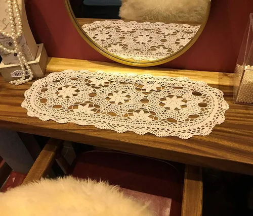 Vista 11 de Pasillos de ganchillo hechos a mano beige de algodón, tapetes de encaje ovalados para dormitorios, 12 x 20 pulgadas.