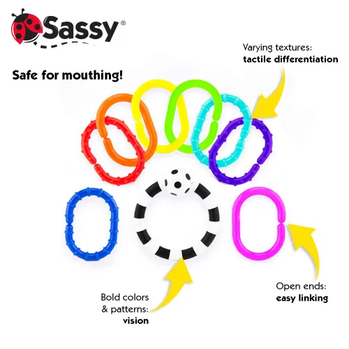 Vista 2 de Sassy Ring O Links - Juego de 9 piezas, eslabones para cochecito o asiento portador, 0+ meses