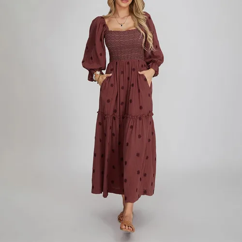 Vista 3 de Vestido largo bordado floral para mujer, manga larga abombada, cuello cuadrado, fruncido y escalonado, vestido largo bohemio fluido